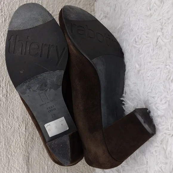 Thierry Rabotin Vintage Brown Suede Leather Almond Peep Toe Blocked Heel Shoe