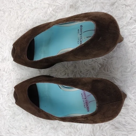 Thierry Rabotin Vintage Brown Suede Leather Almond Peep Toe Blocked Heel Shoe