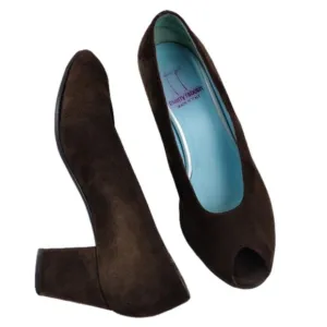 Thierry Rabotin Vintage Brown Suede Leather Almond Peep Toe Blocked Heel Shoe