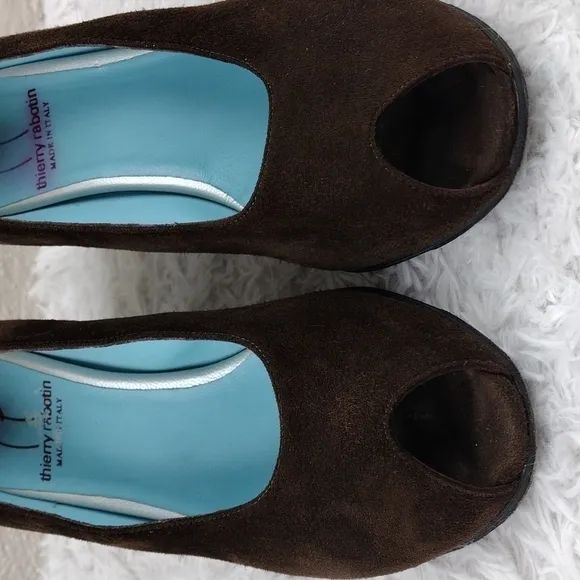 Thierry Rabotin Vintage Brown Suede Leather Almond Peep Toe Blocked Heel Shoe