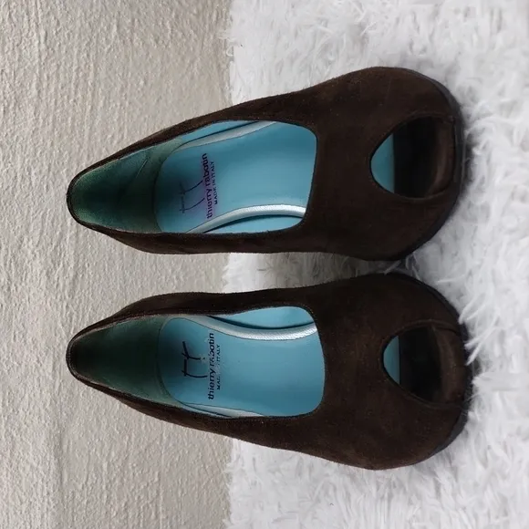 Thierry Rabotin Vintage Brown Suede Leather Almond Peep Toe Blocked Heel Shoe