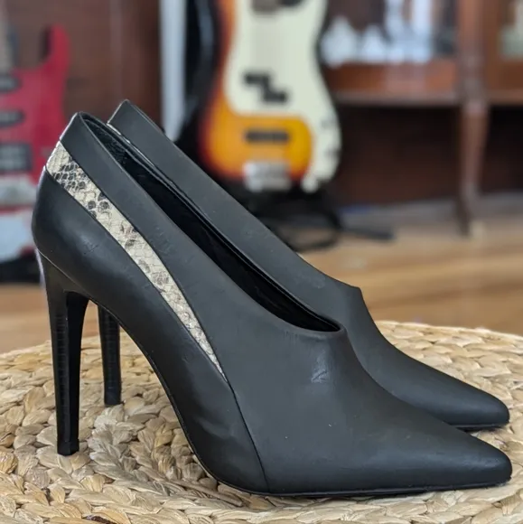 Tibi Lena Pumps Leather High Vamp Black Stilleto Heels Shoes Snakeskin Designer