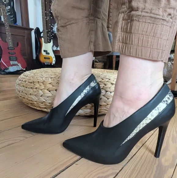Tibi Lena Pumps Leather High Vamp Black Stilleto Heels Shoes Snakeskin Designer