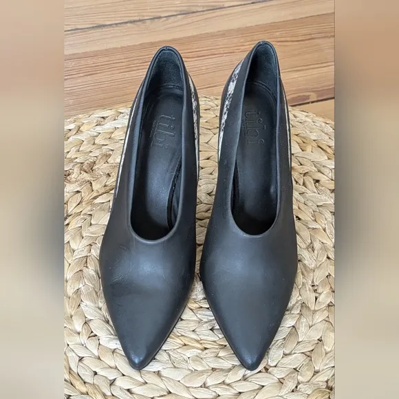 Tibi Lena Pumps Leather High Vamp Black Stilleto Heels Shoes Snakeskin Designer