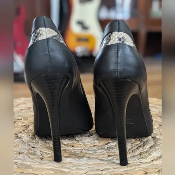 Tibi Lena Pumps Leather High Vamp Black Stilleto Heels Shoes Snakeskin Designer