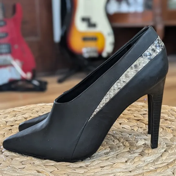 Tibi Lena Pumps Leather High Vamp Black Stilleto Heels Shoes Snakeskin Designer