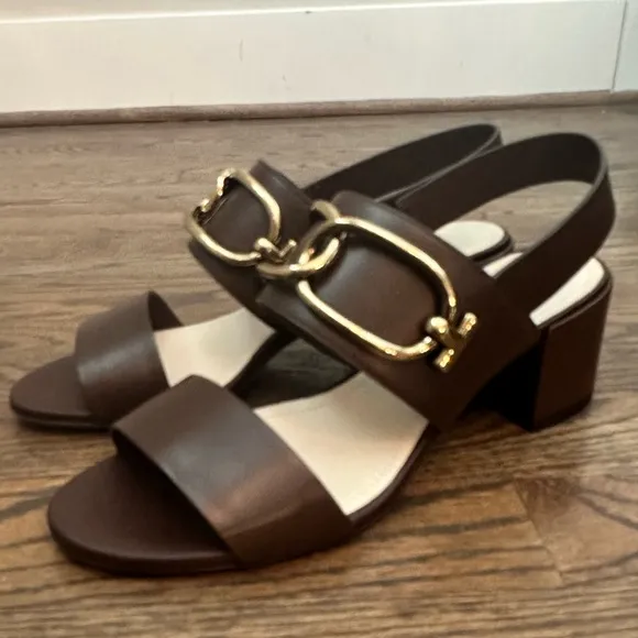 TOD’S Brown Leather Block Heel Sandals Gold Chain Link Detail - Size 8.5 (38.5)