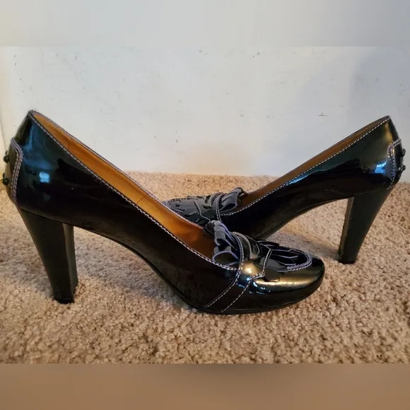 TODS Fringe Darkest Purple Patent Leather Driver Loafer Pumps Sz 38