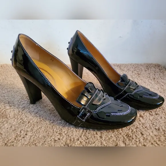 TODS Fringe Darkest Purple Patent Leather Driver Loafer Pumps Sz 38