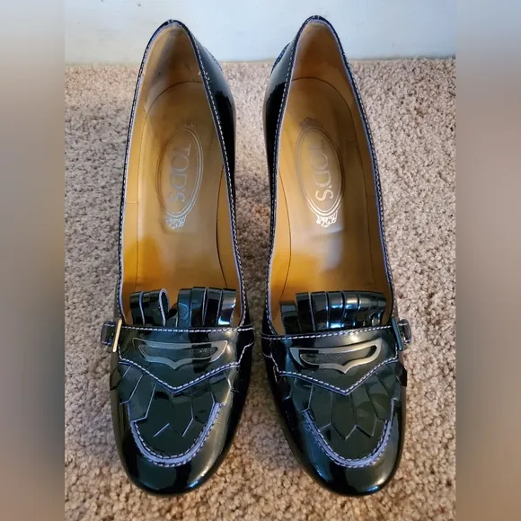 TODS Fringe Darkest Purple Patent Leather Driver Loafer Pumps Sz 38