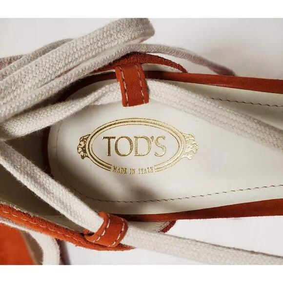 TOD'S SHOES ORANGE SUEDE LEATHER CANVAS LACE UP WEDGE LOGO sz IT 40 US 10