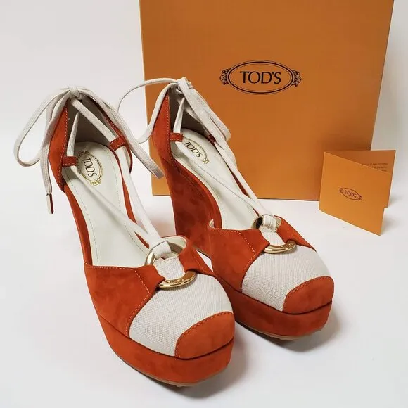 TOD'S SHOES ORANGE SUEDE LEATHER CANVAS LACE UP WEDGE LOGO sz IT 40 US 10