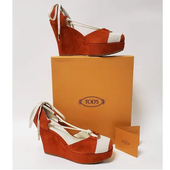TOD'S SHOES ORANGE SUEDE LEATHER CANVAS LACE UP WEDGE LOGO sz IT 40 US 10