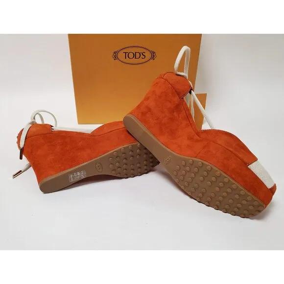 TOD'S SHOES ORANGE SUEDE LEATHER CANVAS LACE UP WEDGE LOGO sz IT 40 US 10