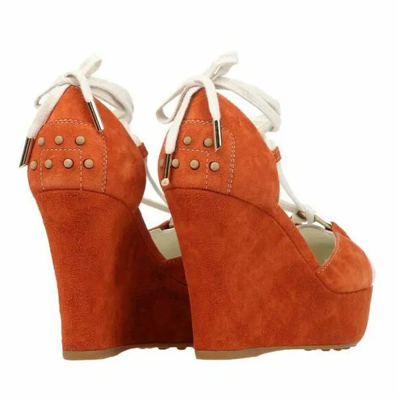 TOD'S SHOES ORANGE SUEDE LEATHER CANVAS LACE UP WEDGE LOGO sz IT 40 US 10