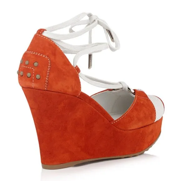 TOD'S SHOES ORANGE SUEDE LEATHER CANVAS LACE UP WEDGE LOGO sz IT 40 US 10