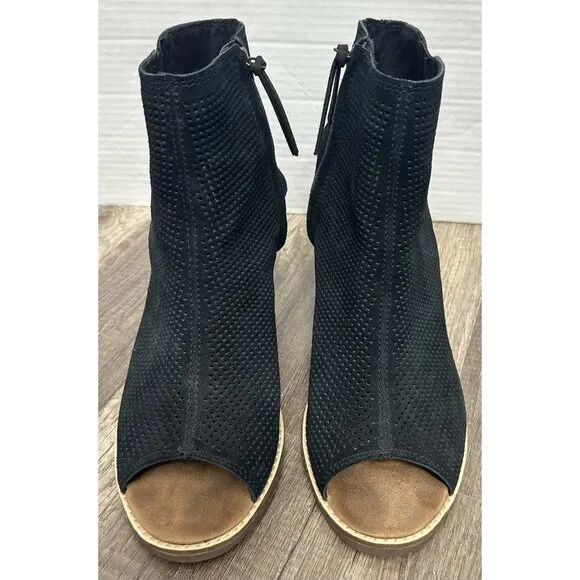 Toms Boots Womens 11 Majorca Peep Toe Perforated Ankle Bootie Black Suede