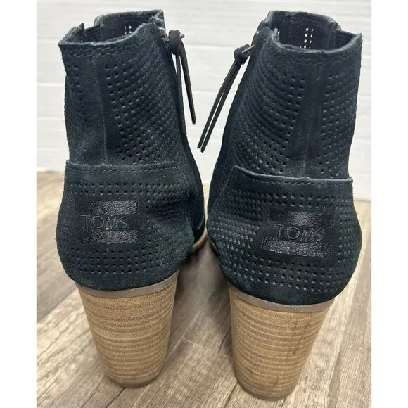 Toms Boots Womens 11 Majorca Peep Toe Perforated Ankle Bootie Black Suede