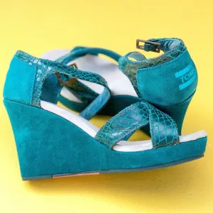 TOMS teal snake print wedge size 6.5 suede shoes