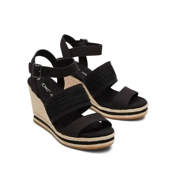 Toms Womens Black Triple Band Peep Toe Ankle Straps Wedge Sandals Sz 10 NIB