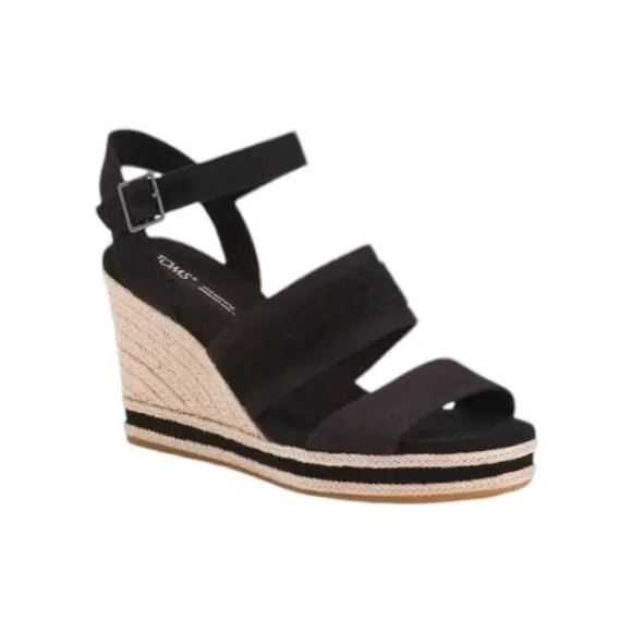 Toms Womens Black Triple Band Peep Toe Ankle Straps Wedge Sandals Sz 10 NIB