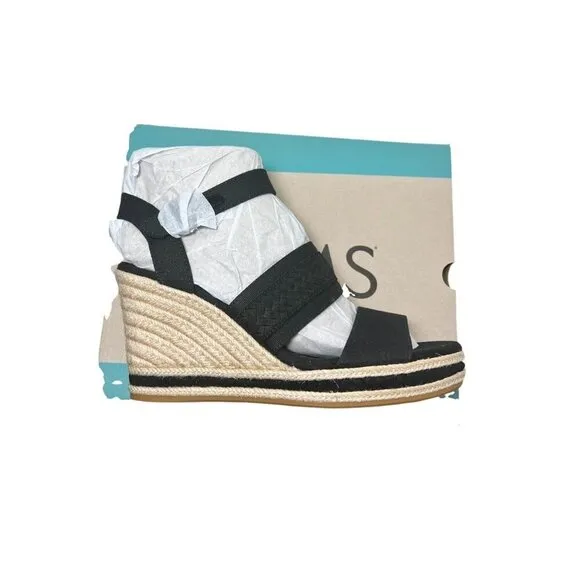 Toms Womens Black Triple Band Peep Toe Ankle Straps Wedge Sandals Sz 10 NIB