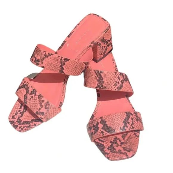Topshop Darla Snake skin Print Pink &amp; Black Block Chunky Heel Sandal Sz 7