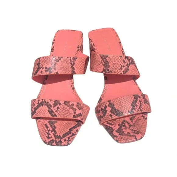 Topshop Darla Snake skin Print Pink &amp; Black Block Chunky Heel Sandal Sz 7