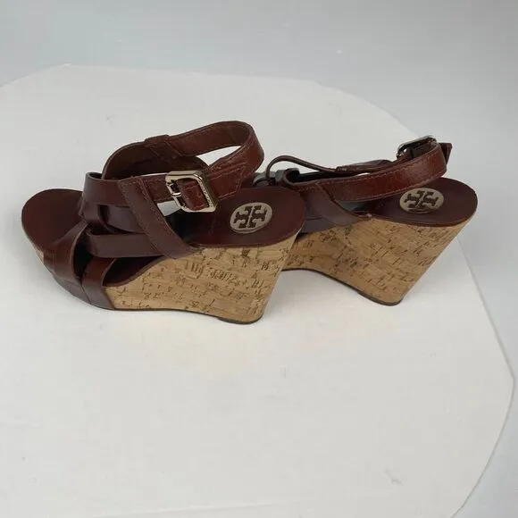 Tory Burch 7 M Ace High Wedge Platform Cork Slingback‎ Heels Shoes Sandals Brown