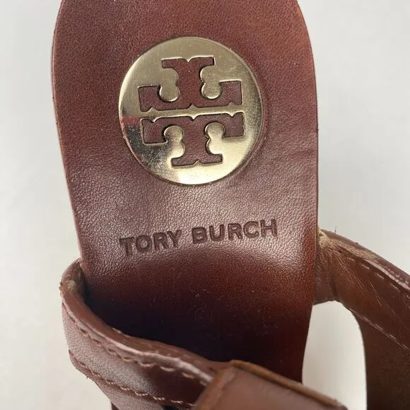 Tory Burch 7 M Ace High Wedge Platform Cork Slingback‎ Heels Shoes Sandals Brown