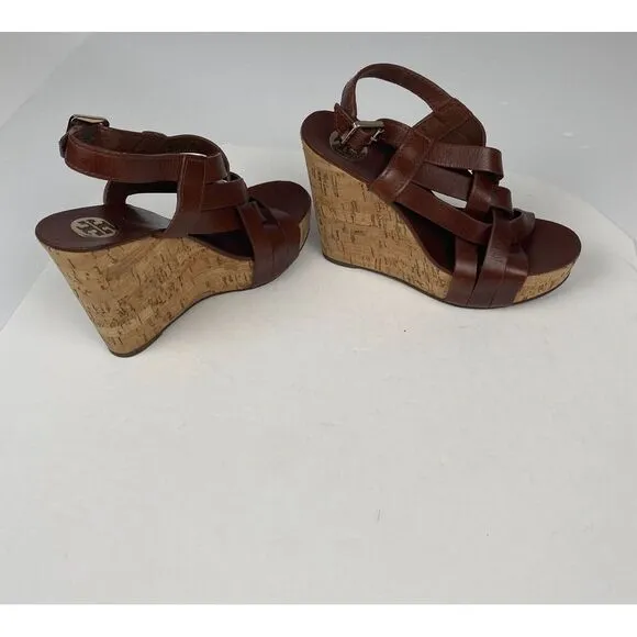 Tory Burch 7 M Ace High Wedge Platform Cork Slingback‎ Heels Shoes Sandals Brown