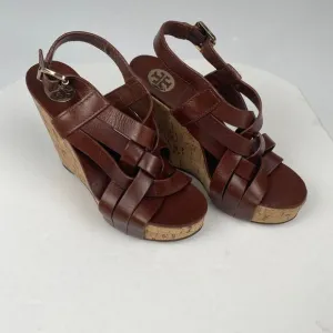 Tory Burch 7 M Ace High Wedge Platform Cork Slingback‎ Heels Shoes Sandals Brown