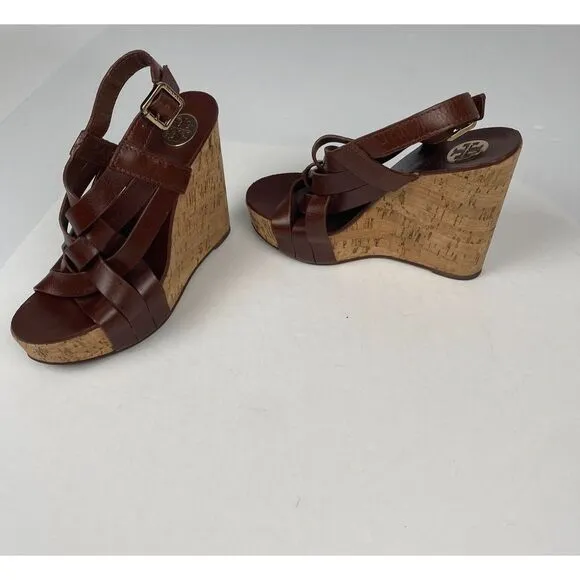 Tory Burch 7 M Ace High Wedge Platform Cork Slingback‎ Heels Shoes Sandals Brown