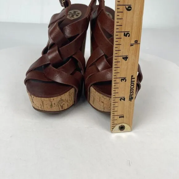 Tory Burch 7 M Ace High Wedge Platform Cork Slingback‎ Heels Shoes Sandals Brown