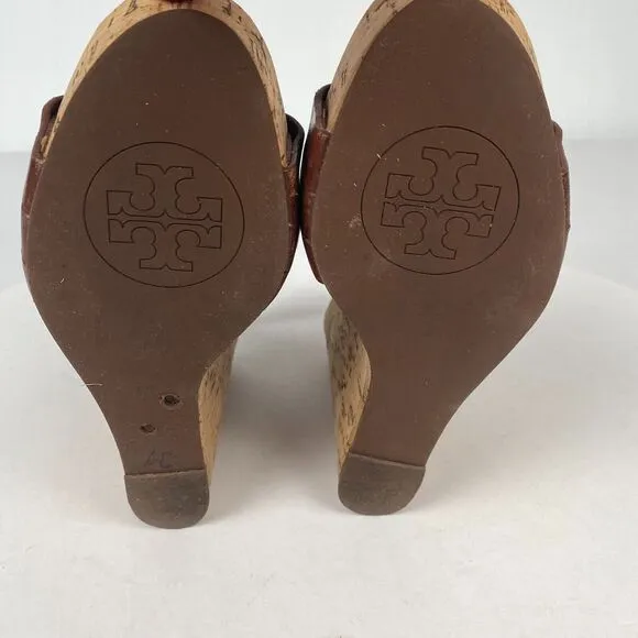 Tory Burch 7 M Ace High Wedge Platform Cork Slingback‎ Heels Shoes Sandals Brown