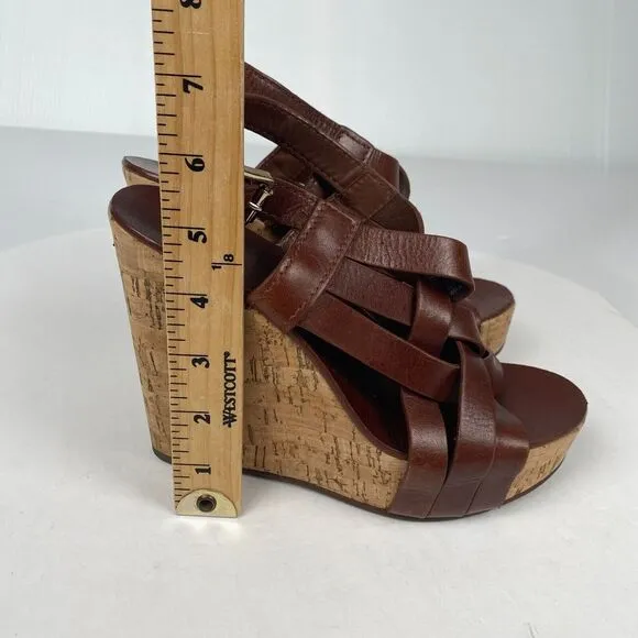 Tory Burch 7 M Ace High Wedge Platform Cork Slingback‎ Heels Shoes Sandals Brown