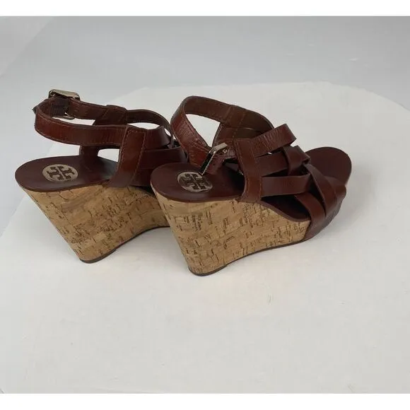 Tory Burch 7 M Ace High Wedge Platform Cork Slingback‎ Heels Shoes Sandals Brown