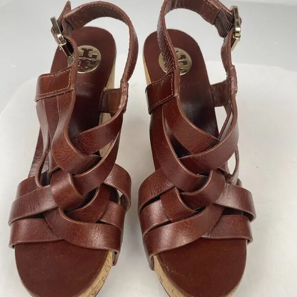 Tory Burch 7 M Ace High Wedge Platform Cork Slingback‎ Heels Shoes Sandals Brown