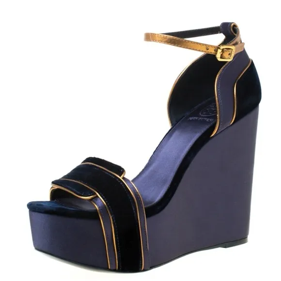 Tory Burch Alexia Navy Blue/Gold Velvet and Satin Wedge Sandal Heels Size 10