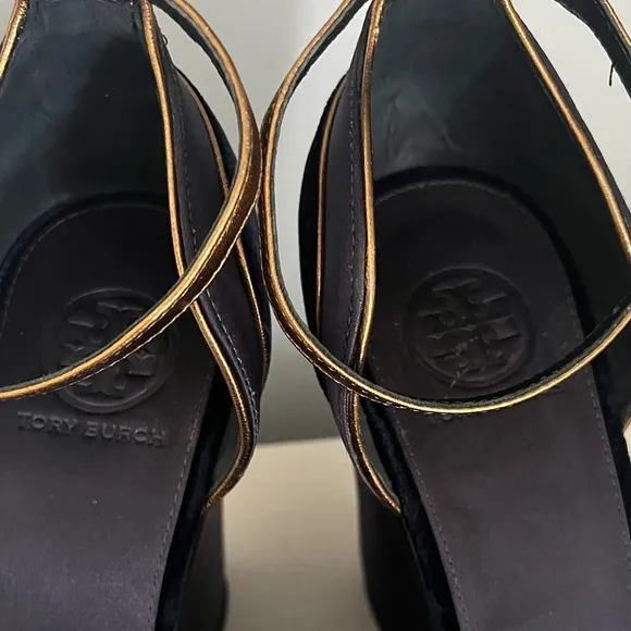 Tory Burch Alexia Navy Blue/Gold Velvet and Satin Wedge Sandal Heels Size 10
