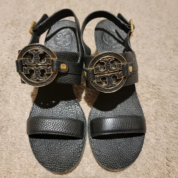 Tory Burch Amanda Demi Wedge Sandals Black Size 8