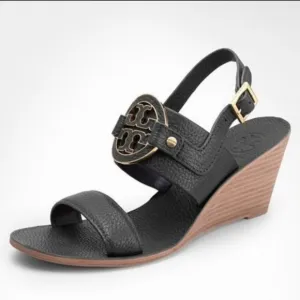 Tory Burch Amanda Demi Wedge Sandals Black Size 8