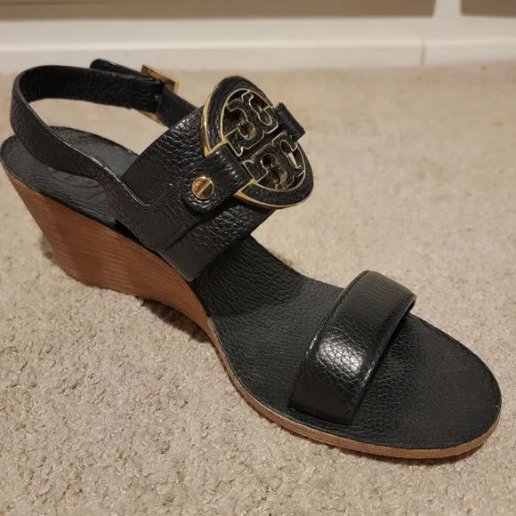 Tory Burch Amanda Demi Wedge Sandals Black Size 8