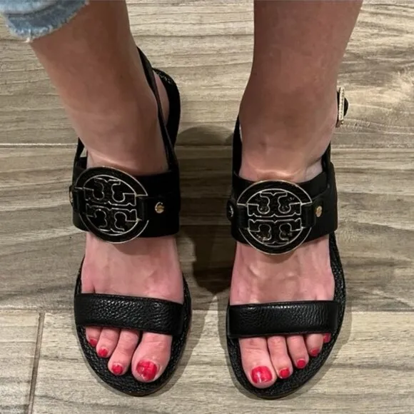 Tory Burch Amanda Demi Wedge Sandals Black Size 8
