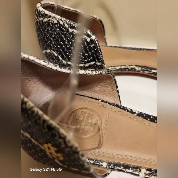 Tory Burch &quot;Savannah&quot; Gray/Blk Snakeskin Print Leather Sandals Sz.9 Ret $275