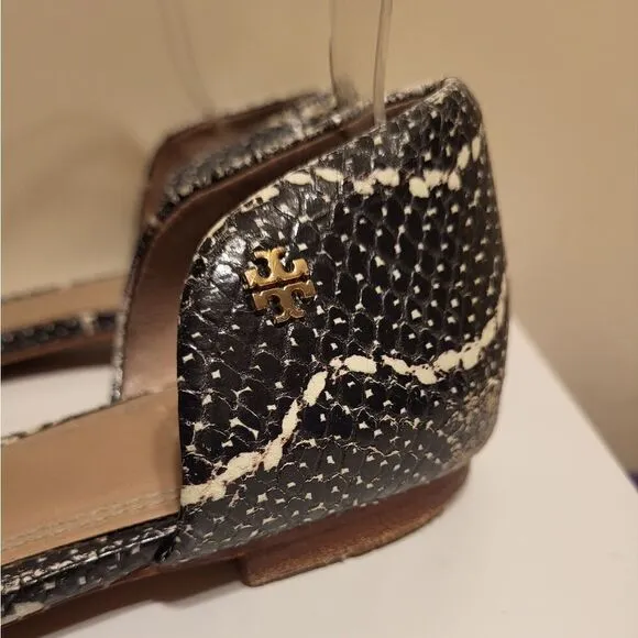 Tory Burch &quot;Savannah&quot; Gray/Blk Snakeskin Print Leather Sandals Sz.9 Ret $275