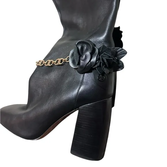 Tory Burch Black Blossom Chain Link Flower Block Heel Leather Boots Size 6.5