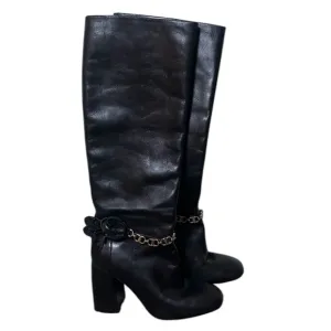 Tory Burch Black Blossom Chain Link Flower Block Heel Leather Boots Size 6.5