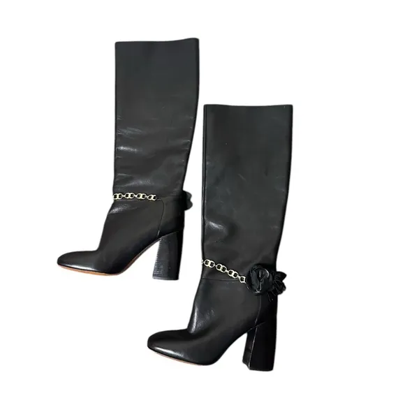 Tory Burch Black Blossom Chain Link Flower Block Heel Leather Boots Size 6.5