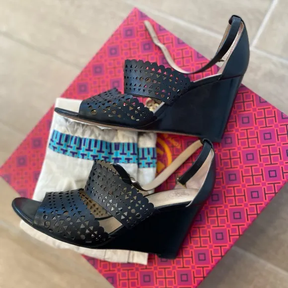 Tory Burch black laser cut leather wedge sandals 7